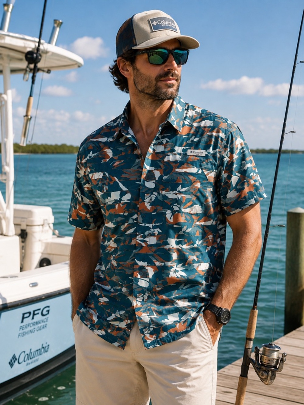 Columbia PFG Fishing Shirt L Teal Orange Vented Performance Button Front
